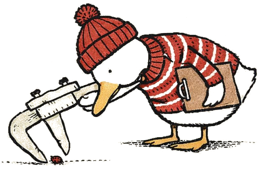 Duck measuring a ladybug with oversized calipers