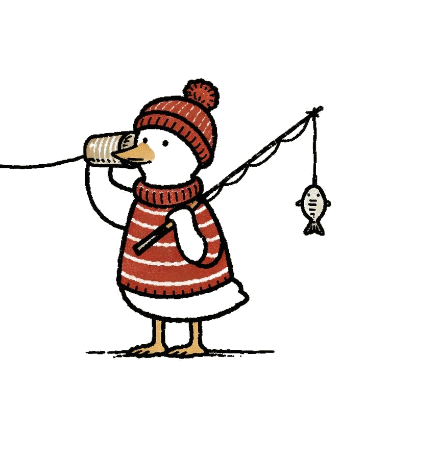 Duck answering a tin-can phone while fishing