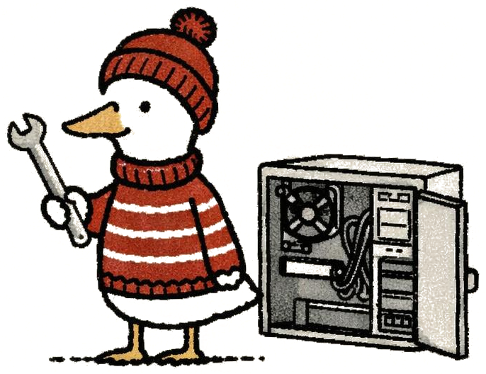 Duck fixing a computer with a wrench