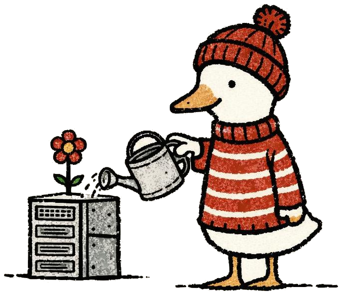Duck watering a server with a flower growing from it