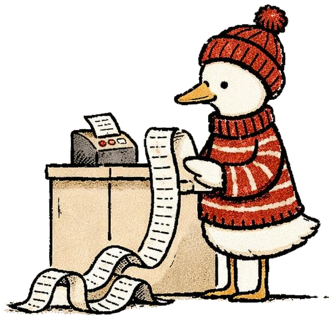 Duck calmly reading a receipt spooling onto the floor